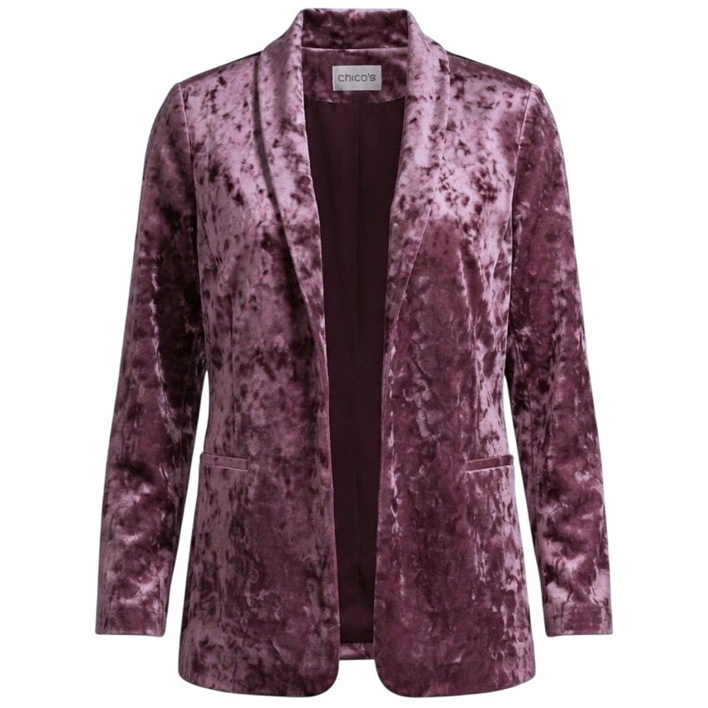 Chicos Purple Crushed Velvet Open Front Blazer Jacket Pockets Size 3 US 16